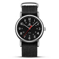Men's black dial analog sport watch with black nylon strap and silver round case