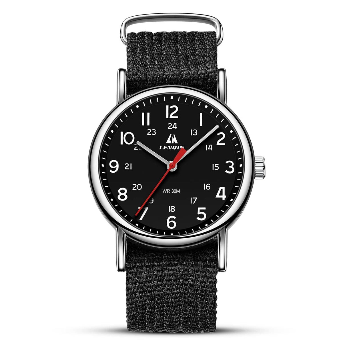Men's black dial analog sport watch with black nylon strap and silver round case