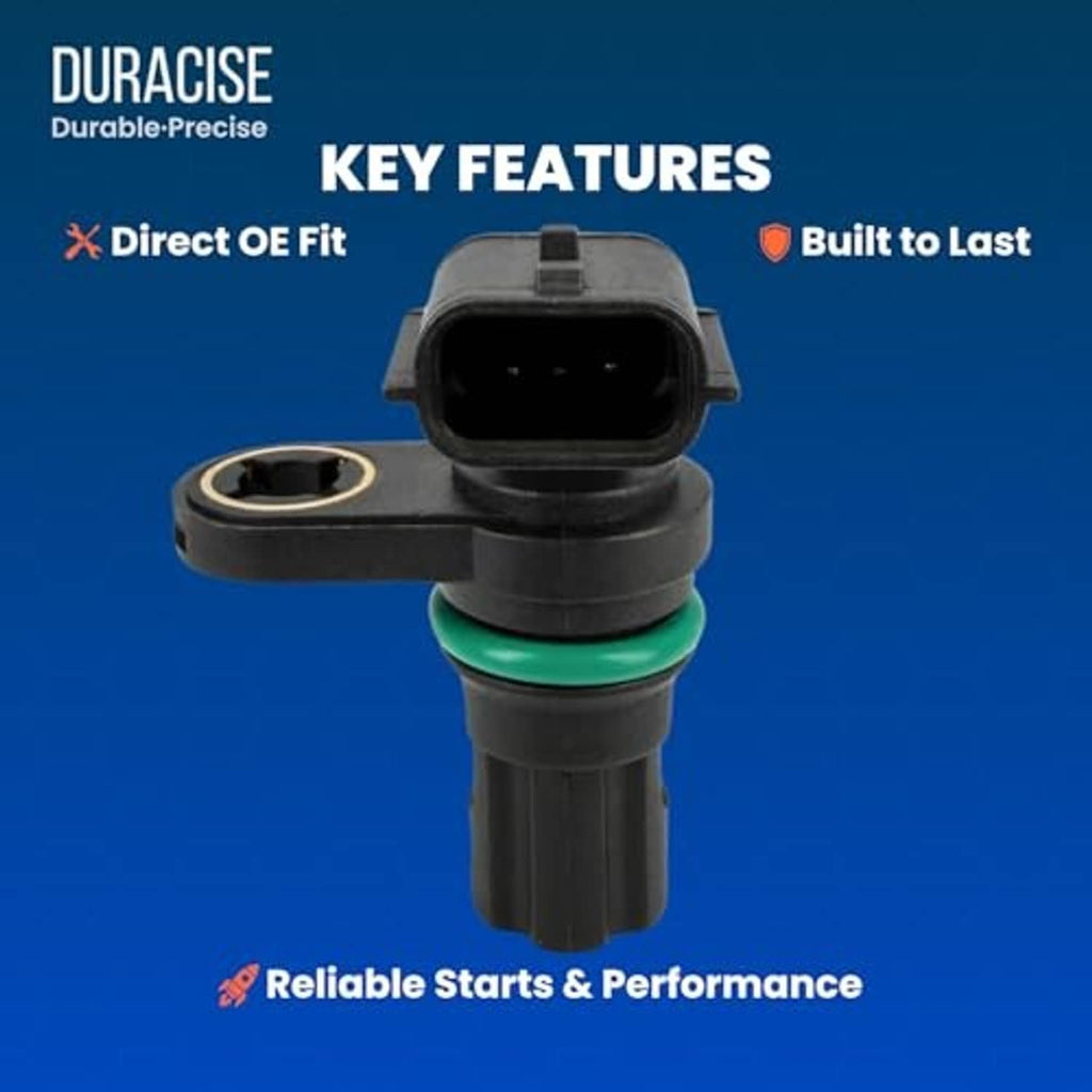 Camshaft position sensor front view with electrical plug, black housing, and green seal