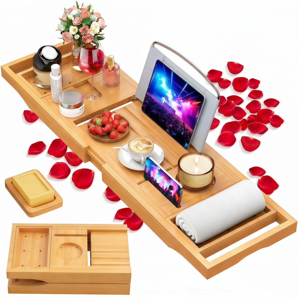 Beige bamboo foldable bathtub caddy tray with compartments for cups, phone, and candle