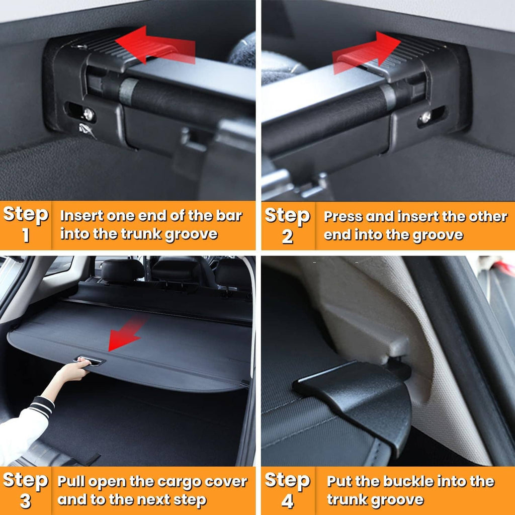 Steps for installing retractable trunk cargo cover bars into trunk grooves