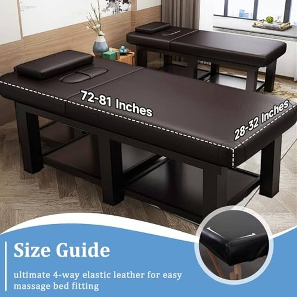 Black leather massage table cover protector on a multi-section massage bench