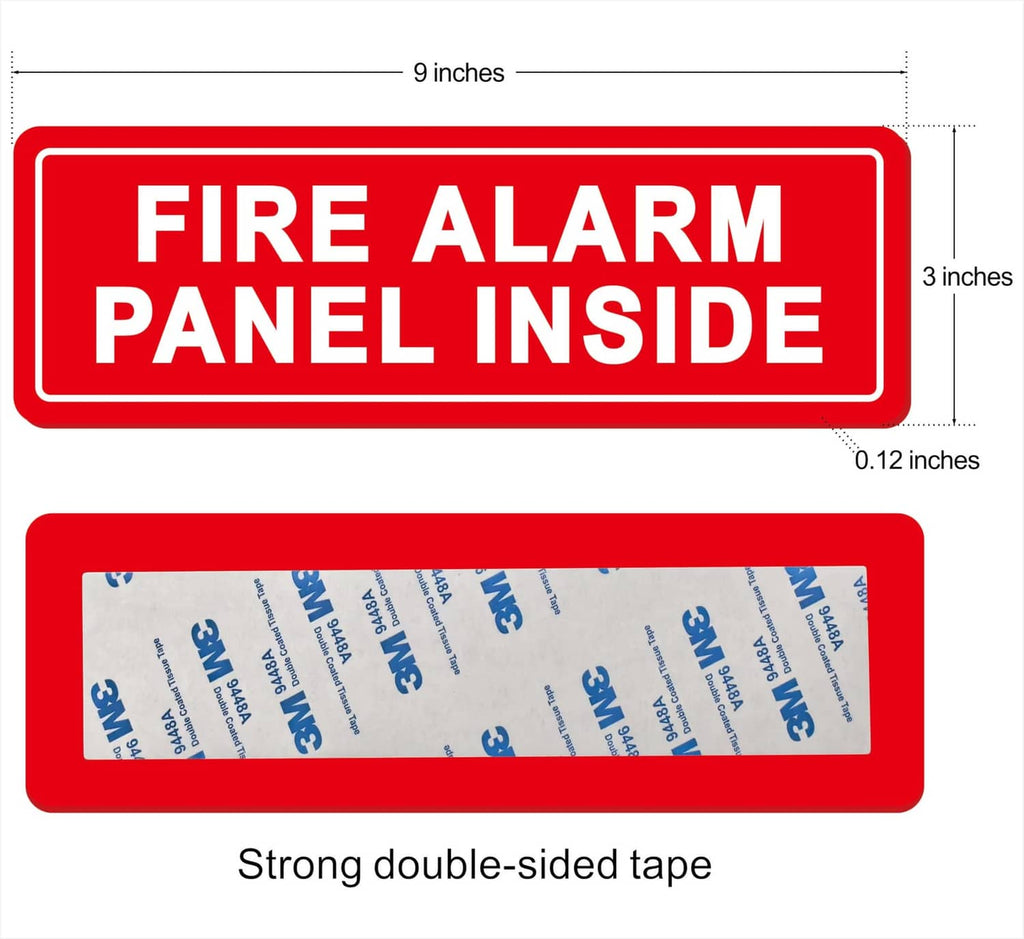 Red fire alarm panel inside sign with double-sided tape backing and size markings