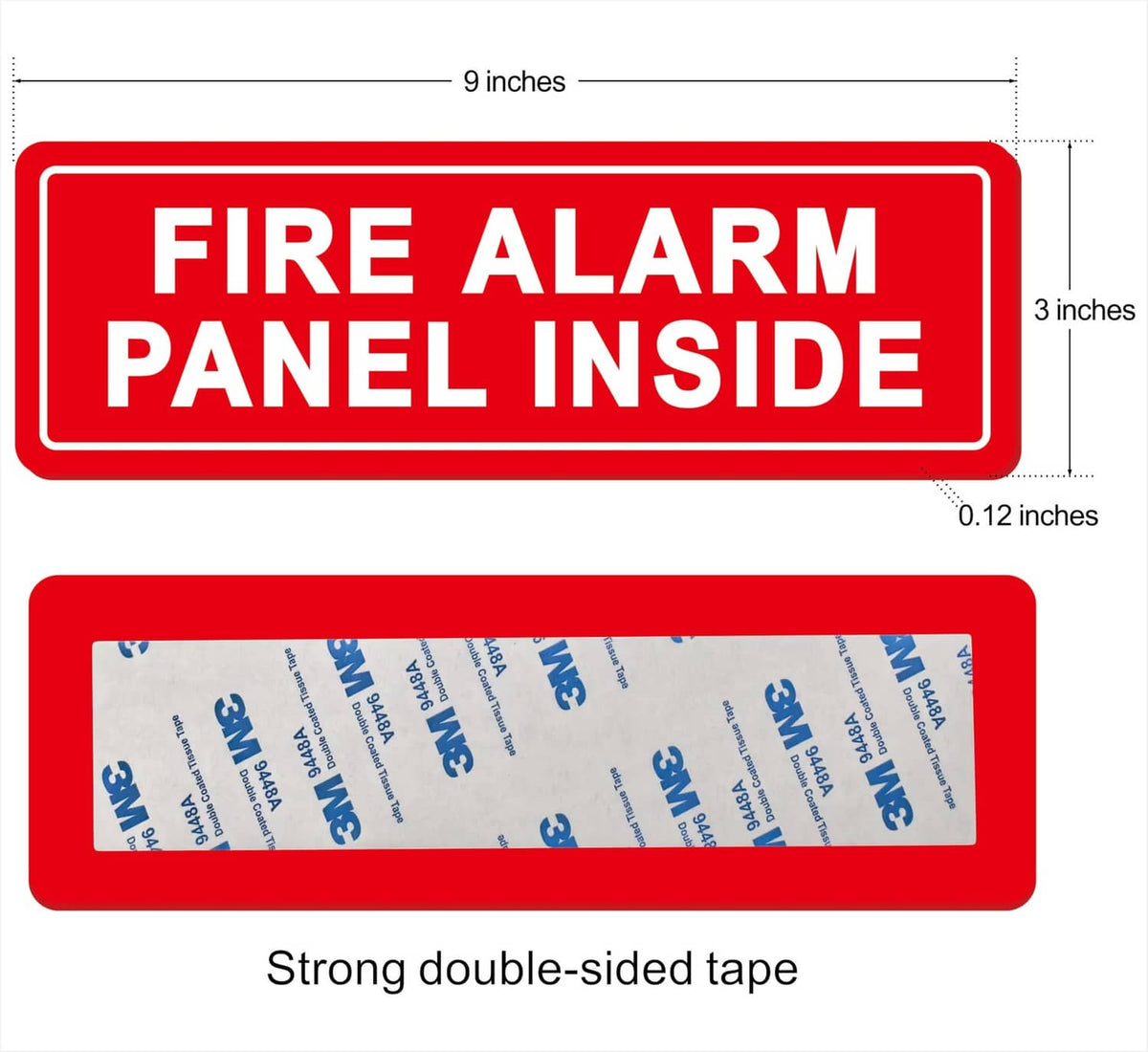 Red fire alarm panel inside sign with double-sided tape backing and size markings