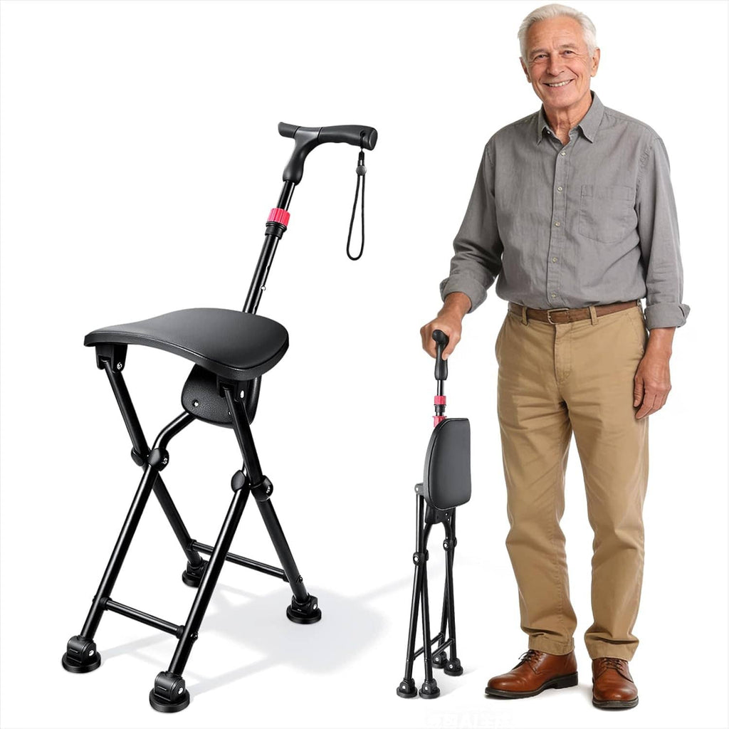 Folding seat cane with four legs, black handle with red band, adjustable height