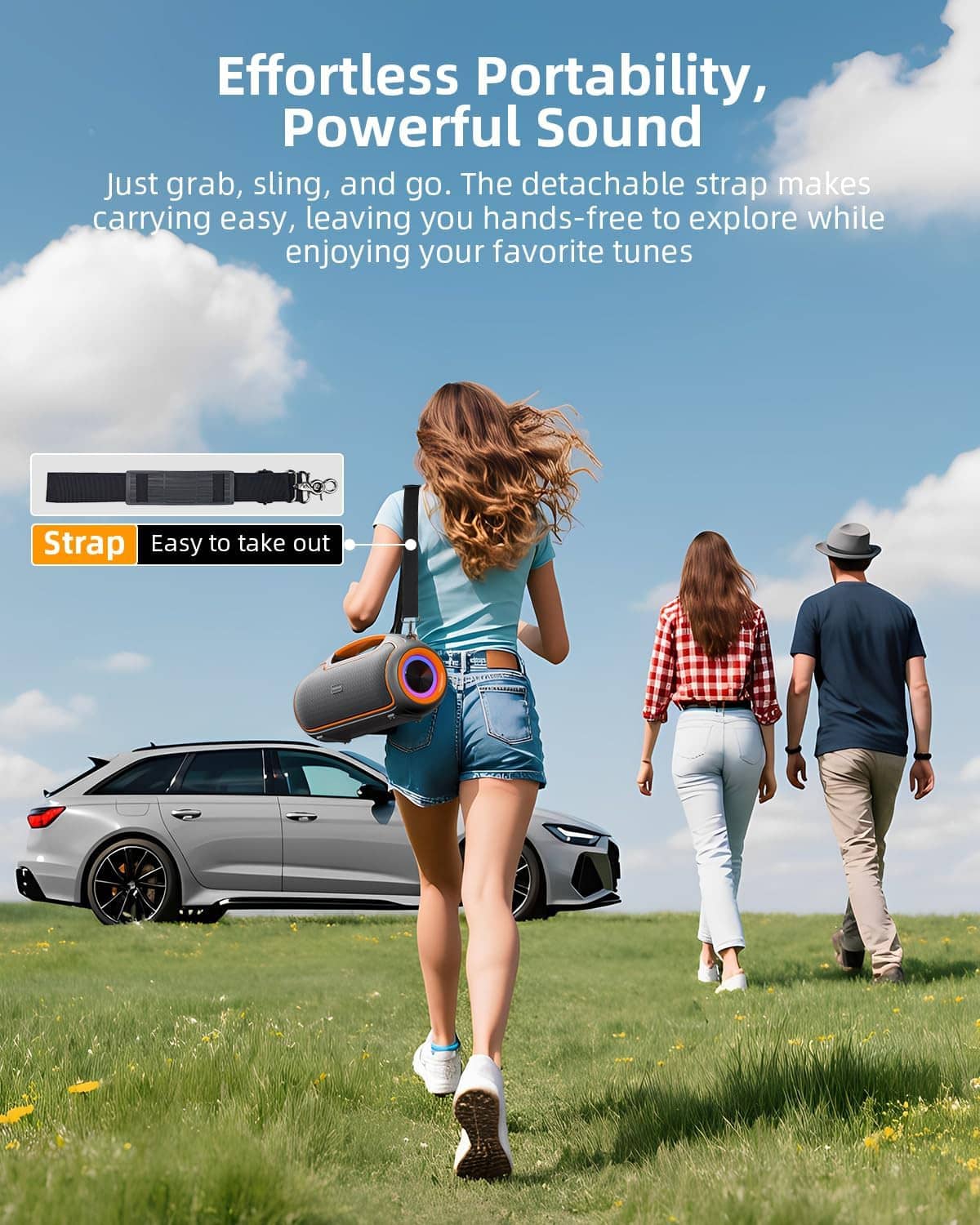 Portable Bluetooth speaker with detachable shoulder strap, black grille and orange accent lines