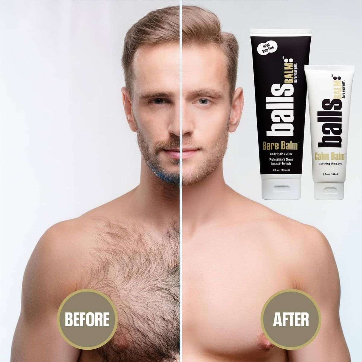 Body hair management cream before-and-after with two tubes, black and white