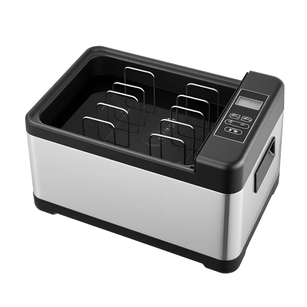 Sous vide cooker base with open top, black control module, and metal rack holders