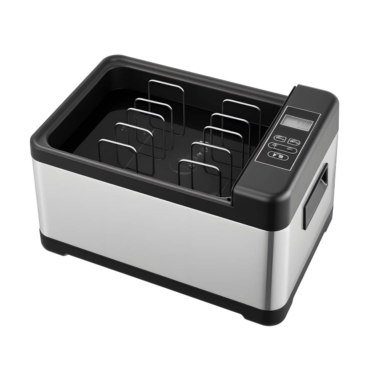 Sous vide cooker base with open top, black control module, and metal rack holders