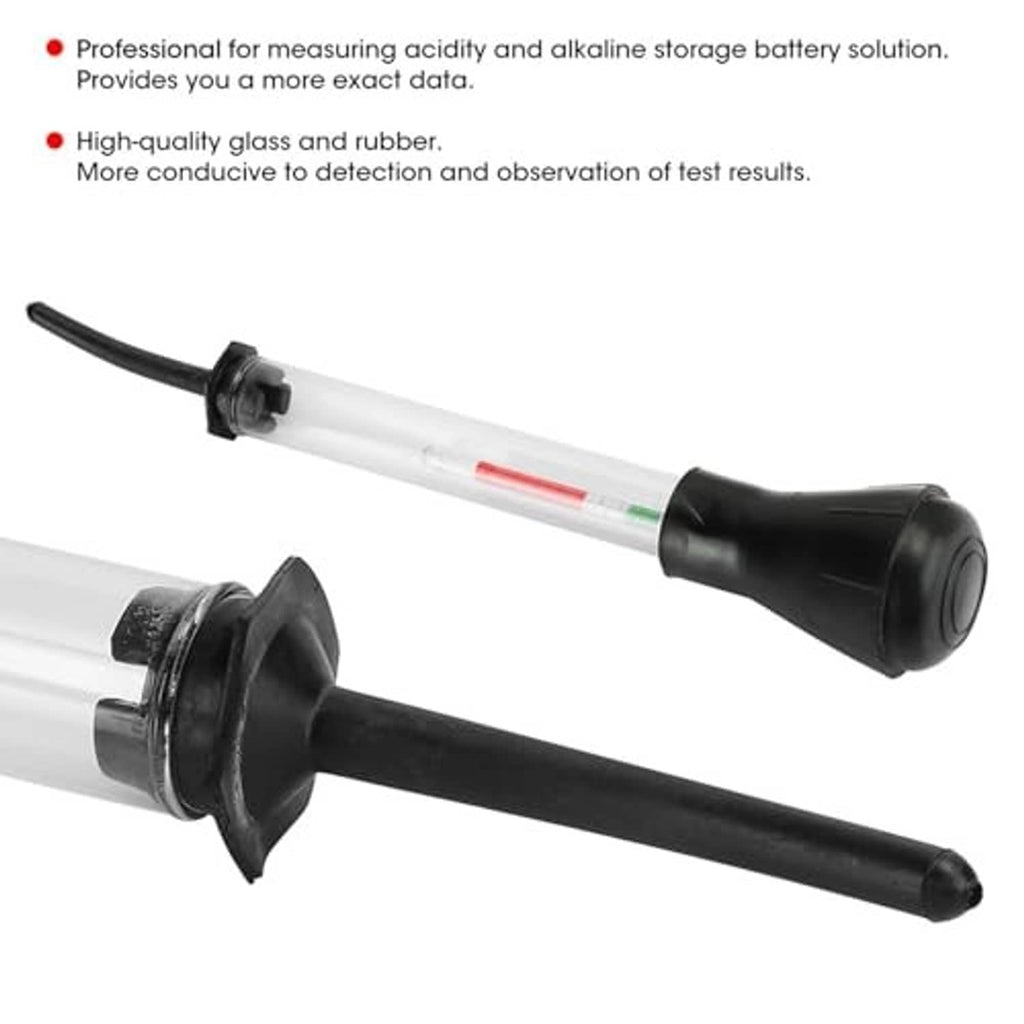 Battery hydrometer tester with clear tube, black bulb ends, and long probe rod