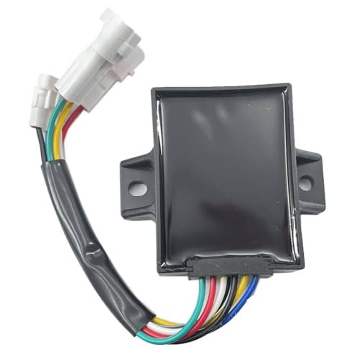 Black CDI ignition module with curved black cable and multi-color wiring harness