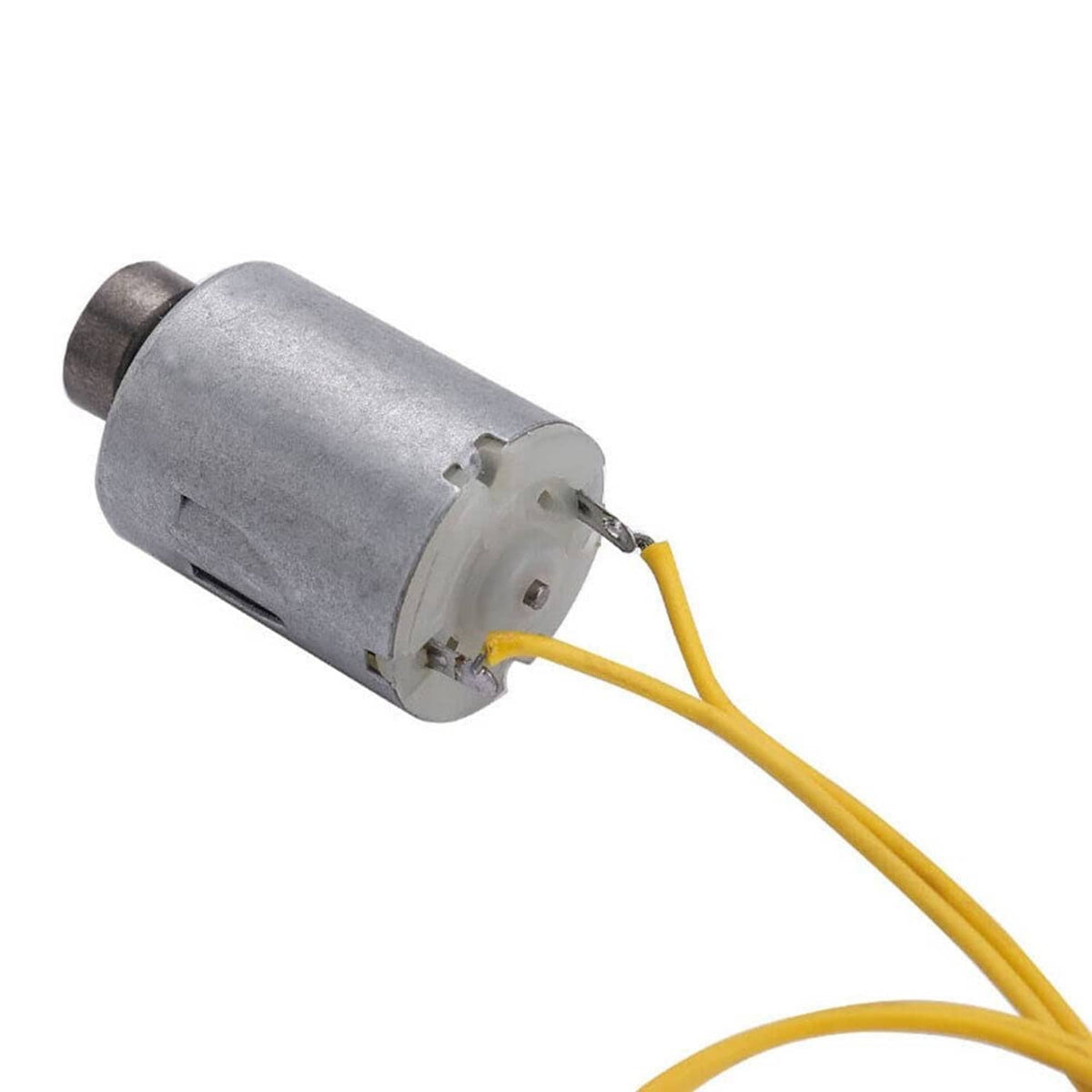 Silver DC vibration motor with yellow wires and mounting base