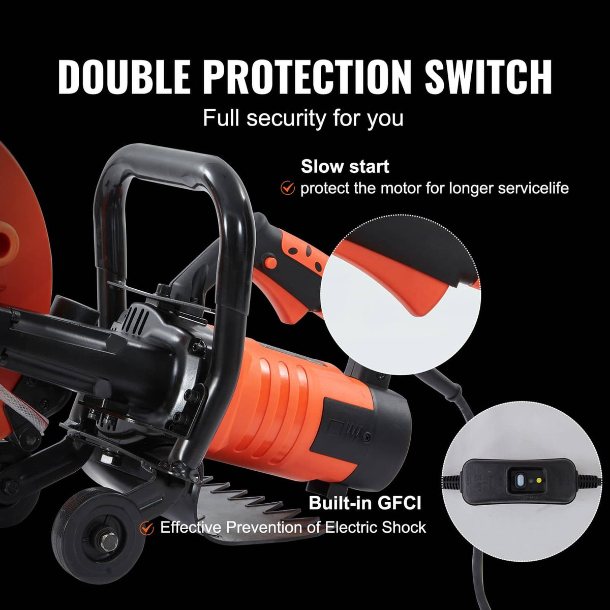 Electric concrete saw with D-handle and built-in GFCI safety switch, orange/black