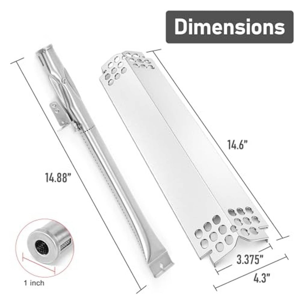 Stainless steel grill burner tubes and heat plates with perforated mounting ends