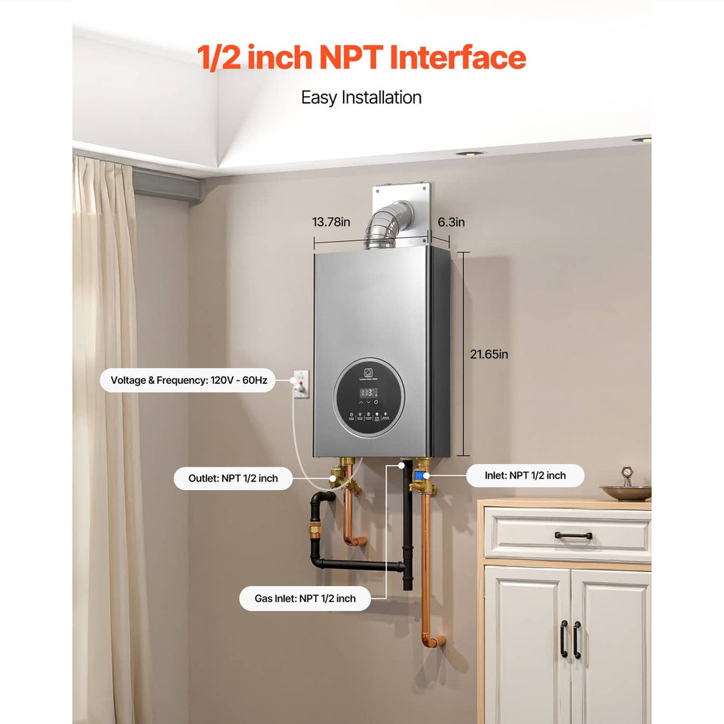 Propane tankless water heater with 1/2 inch NPT inlet and outlet connection ports