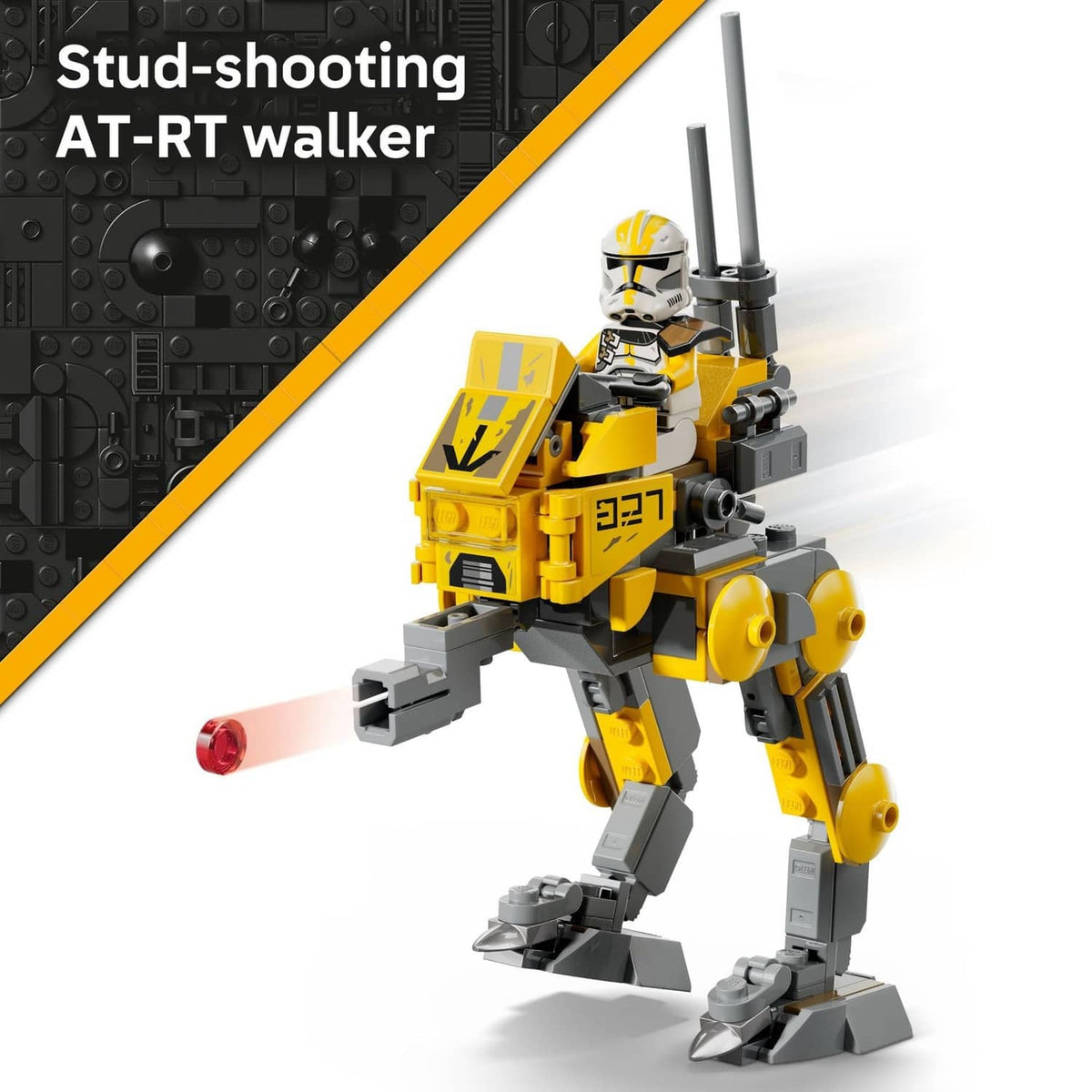 Yellow and gray clone trooper riding walker with stud-shooting blaster