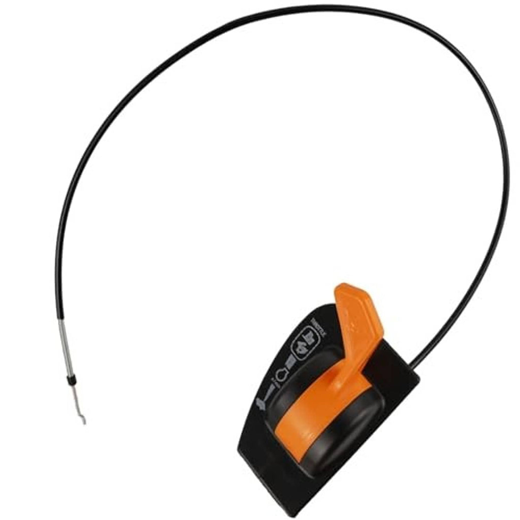 Orange thumb lever on black housing with attached control cable