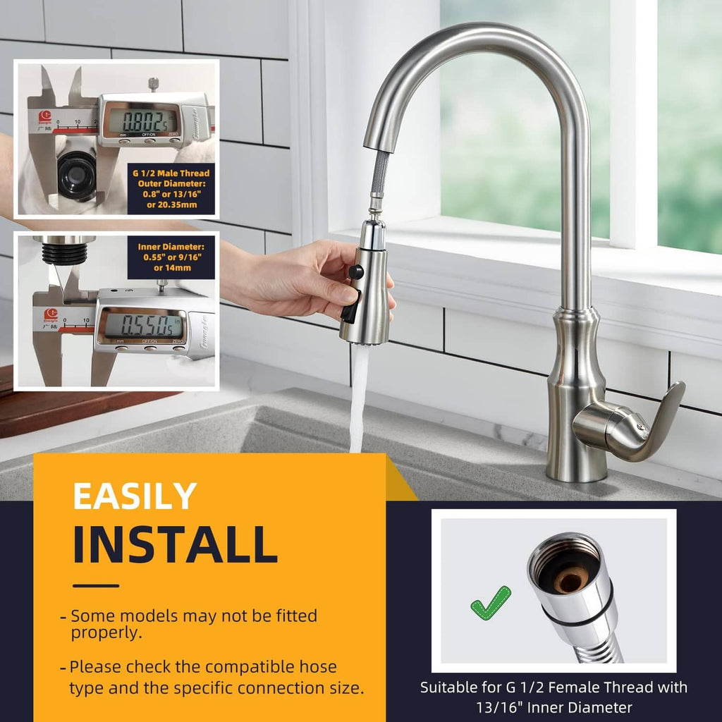 Brushed nickel kitchen faucet with hand-held sprayer and connection insert