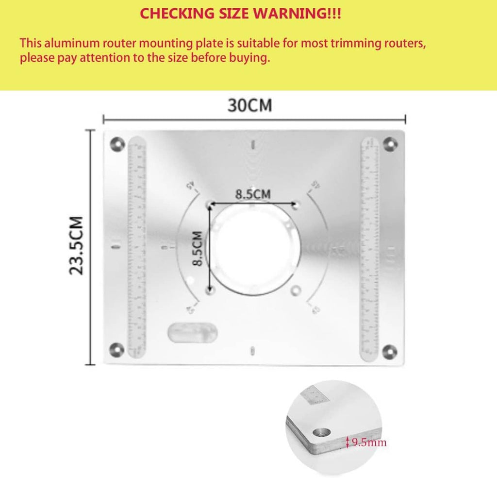 Aluminum router table insert plate with rulers on both sides and central router opening