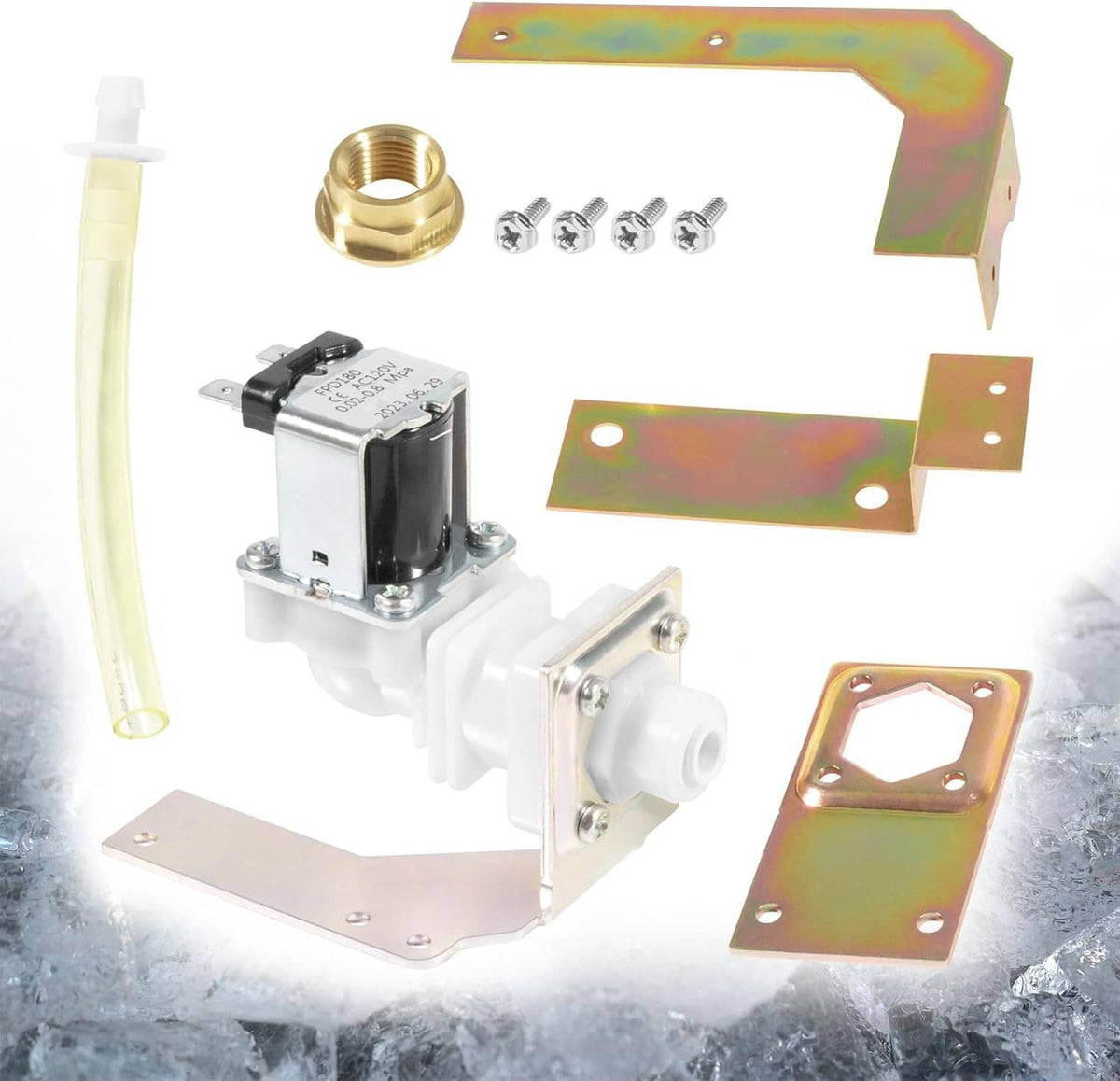 Water inlet valve assembly with white housing, brass inlet, and solenoid coil