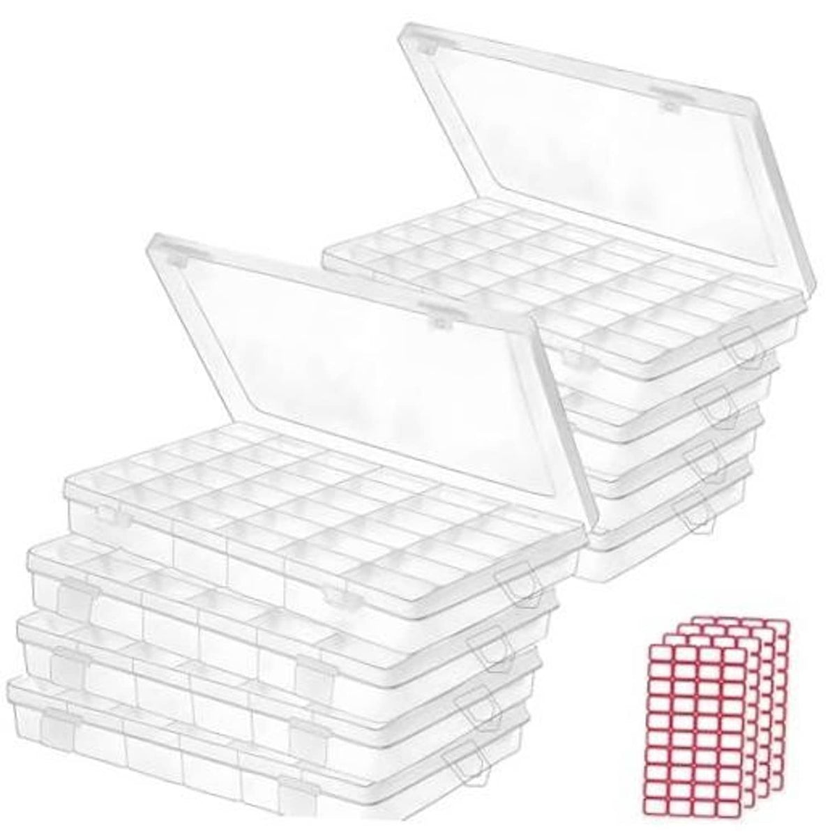 Clear plastic organizer box with hinged flip lid and grid compartments