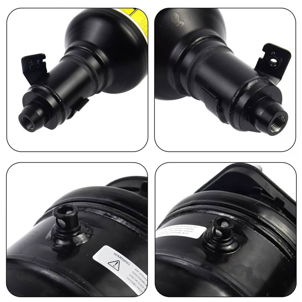 Air suspension strut pair close-up detail of upper caps and threaded outlets