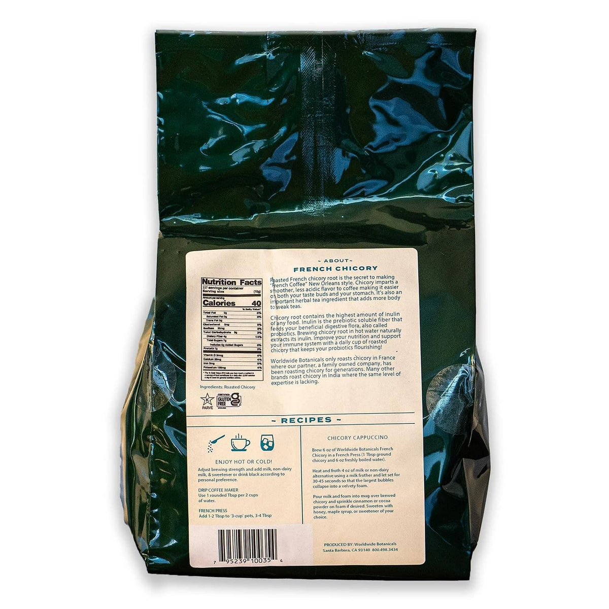 Chicory root bag back with nutrition facts panel and barcode