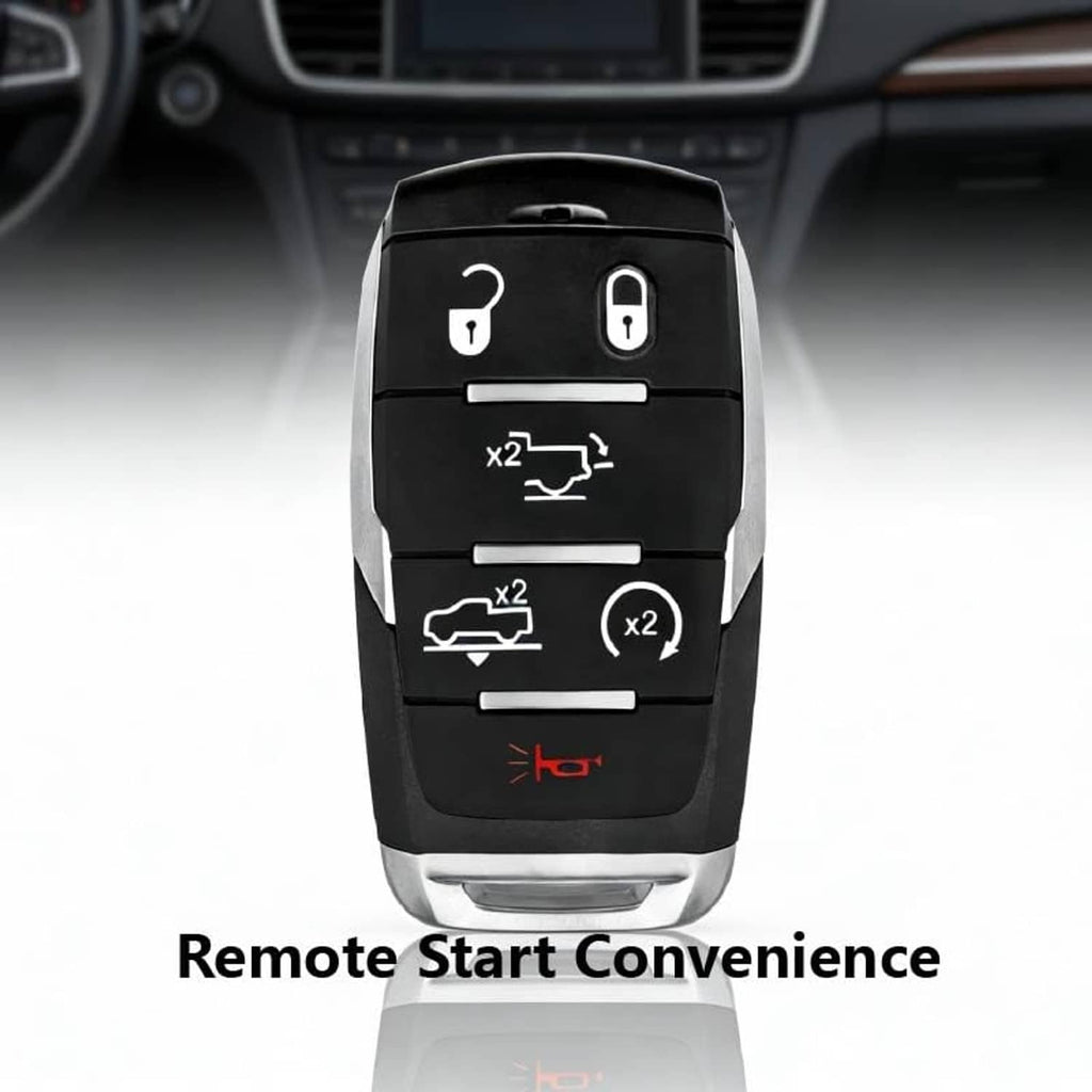 Black 6-button smart key fob with silver trim and remote start convenience icons