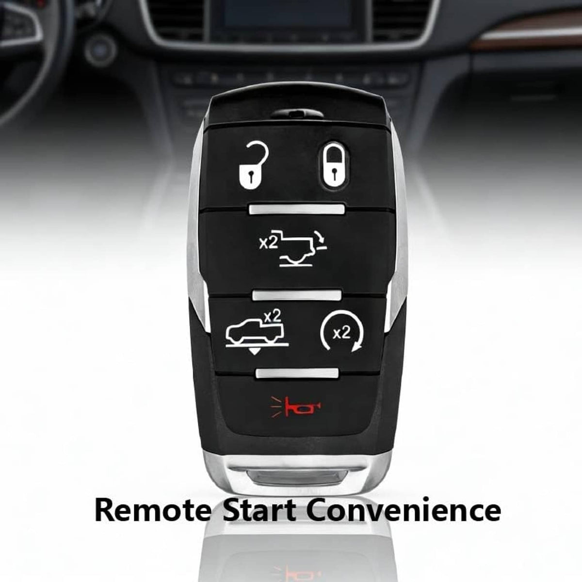 Black 6-button smart key fob with silver trim and remote start convenience icons