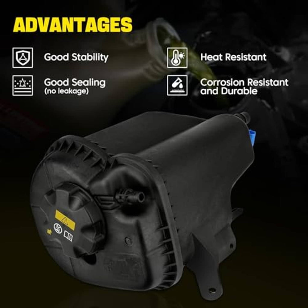 Black coolant reservoir tank assembly with integrated cap and sensor