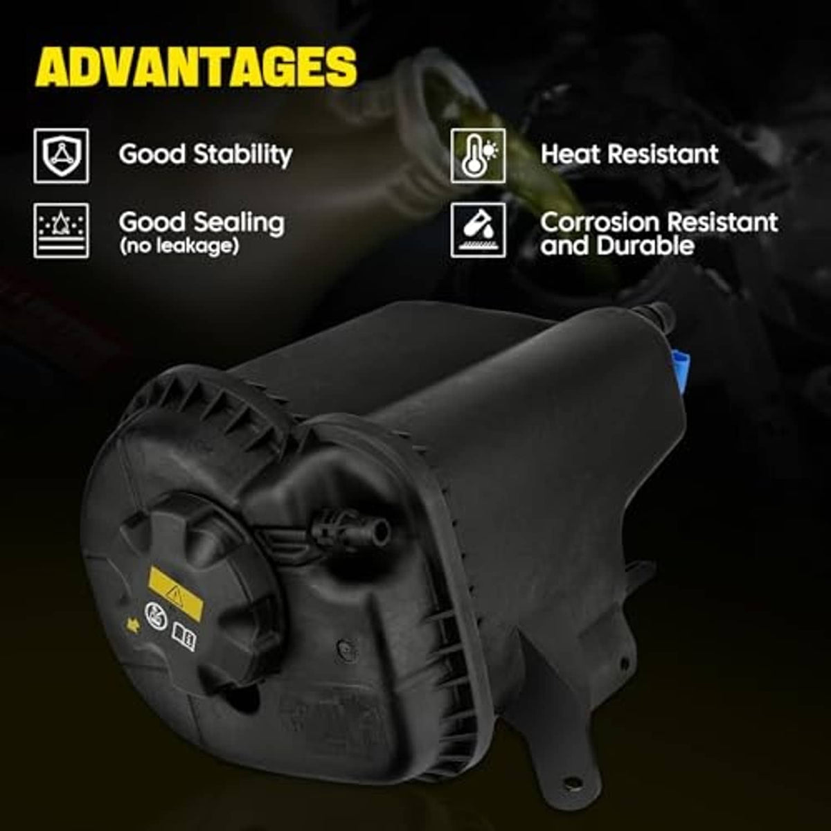 Black coolant reservoir tank assembly with integrated cap and sensor