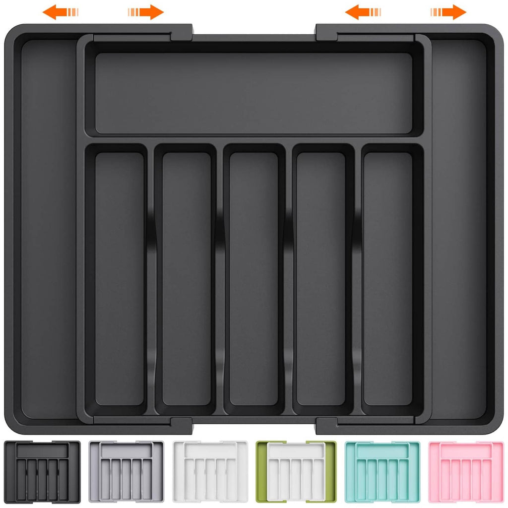 Expandable dark utensil drawer organizer tray with multiple long slots and dividers