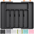 Expandable dark utensil drawer organizer tray with multiple long slots and dividers