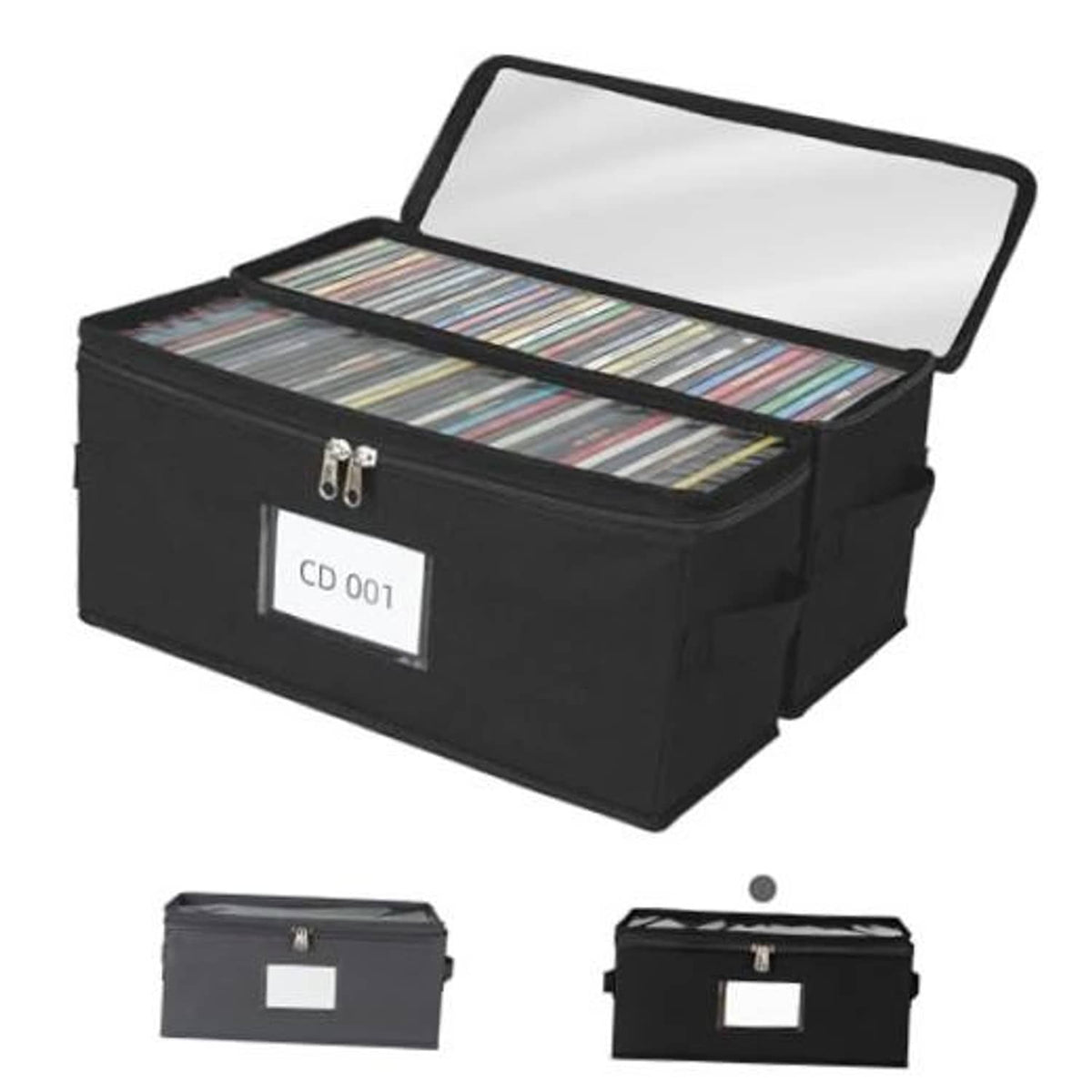 Black fabric CD storage box with clear PVC lid, open to show CDs