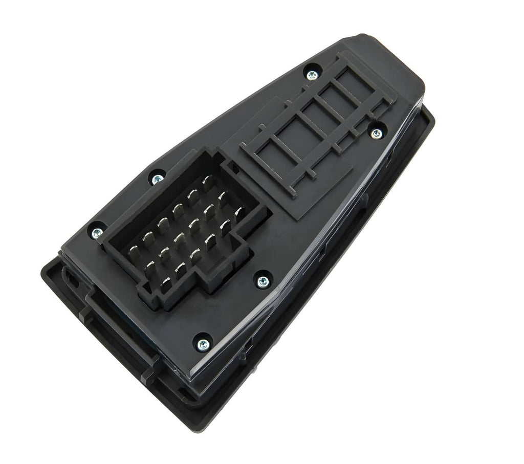 Power window switch rear panel with wiring connector terminals and mounting screws.