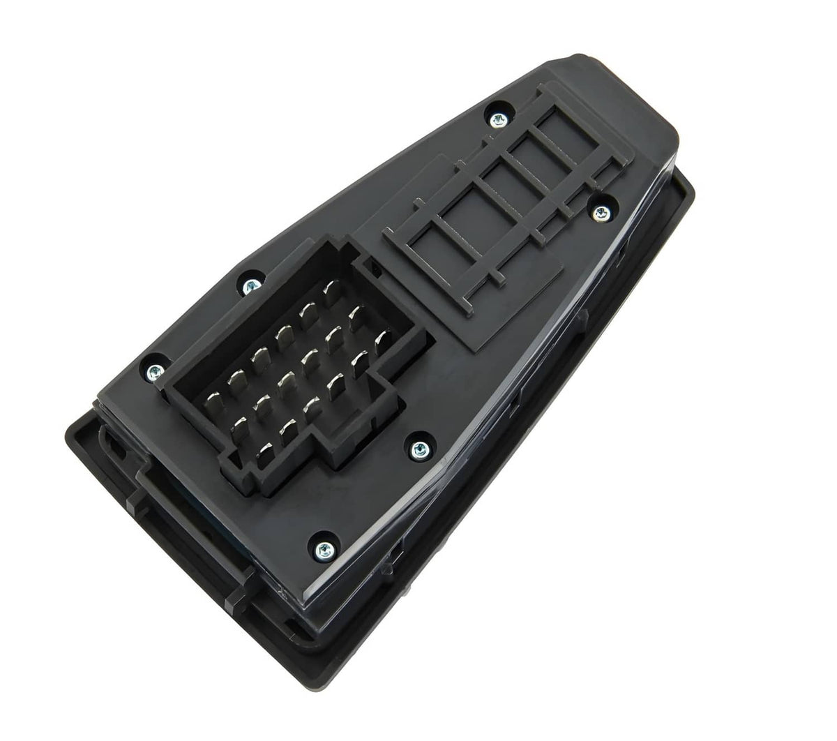 Power window switch rear panel with wiring connector terminals and mounting screws.