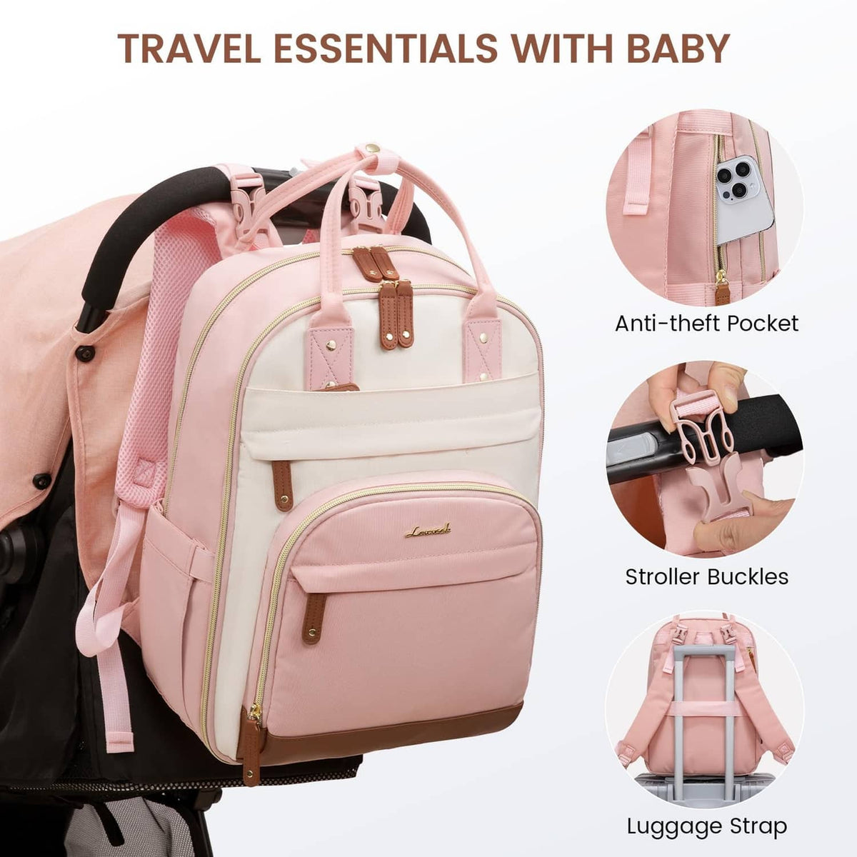 Diaper bag backpack with anti-theft pocket, stroller buckle straps, and luggage strap