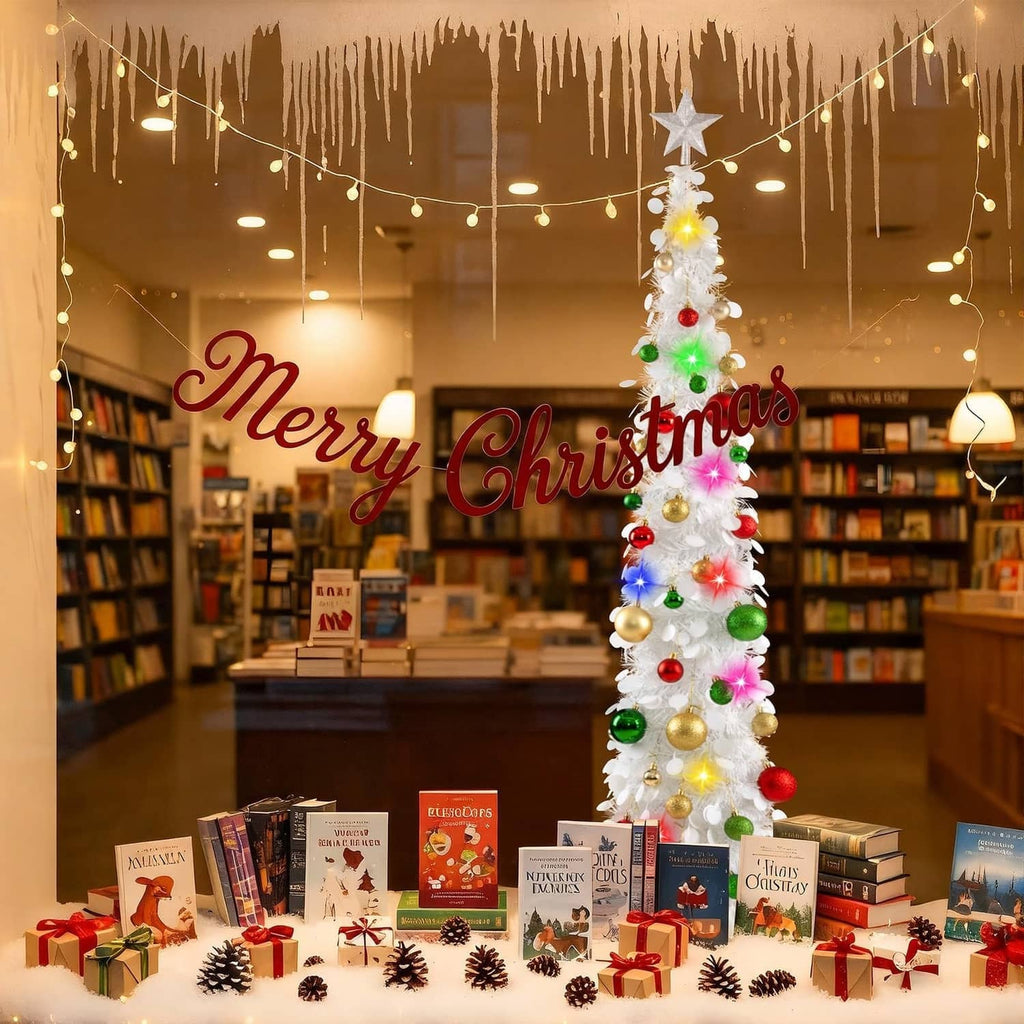 White pop-up Christmas tree with star topper, flashing multicolor LED lights and baubles