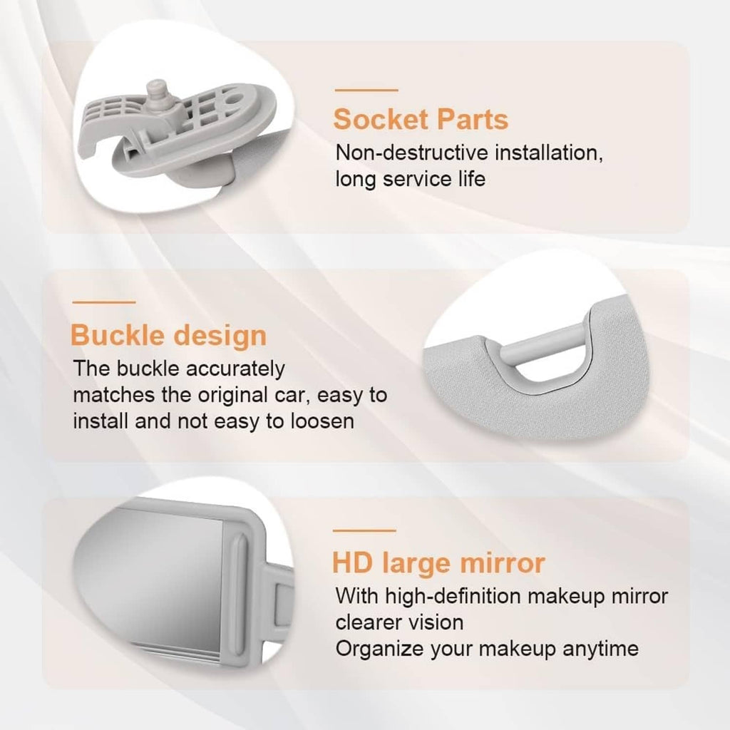 Gray sun visor with mirror detail and clip buckle mount design