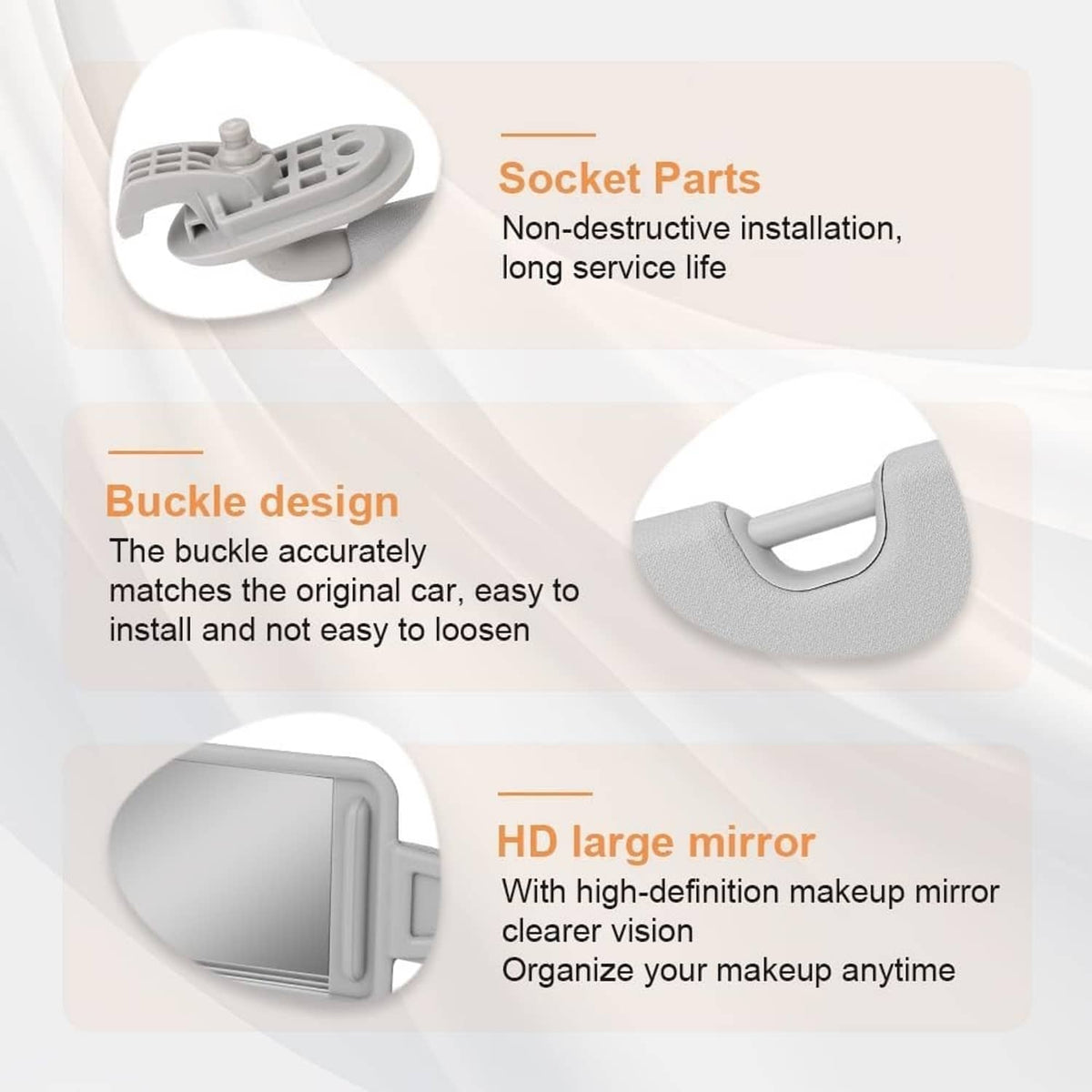 Gray sun visor with mirror detail and clip buckle mount design
