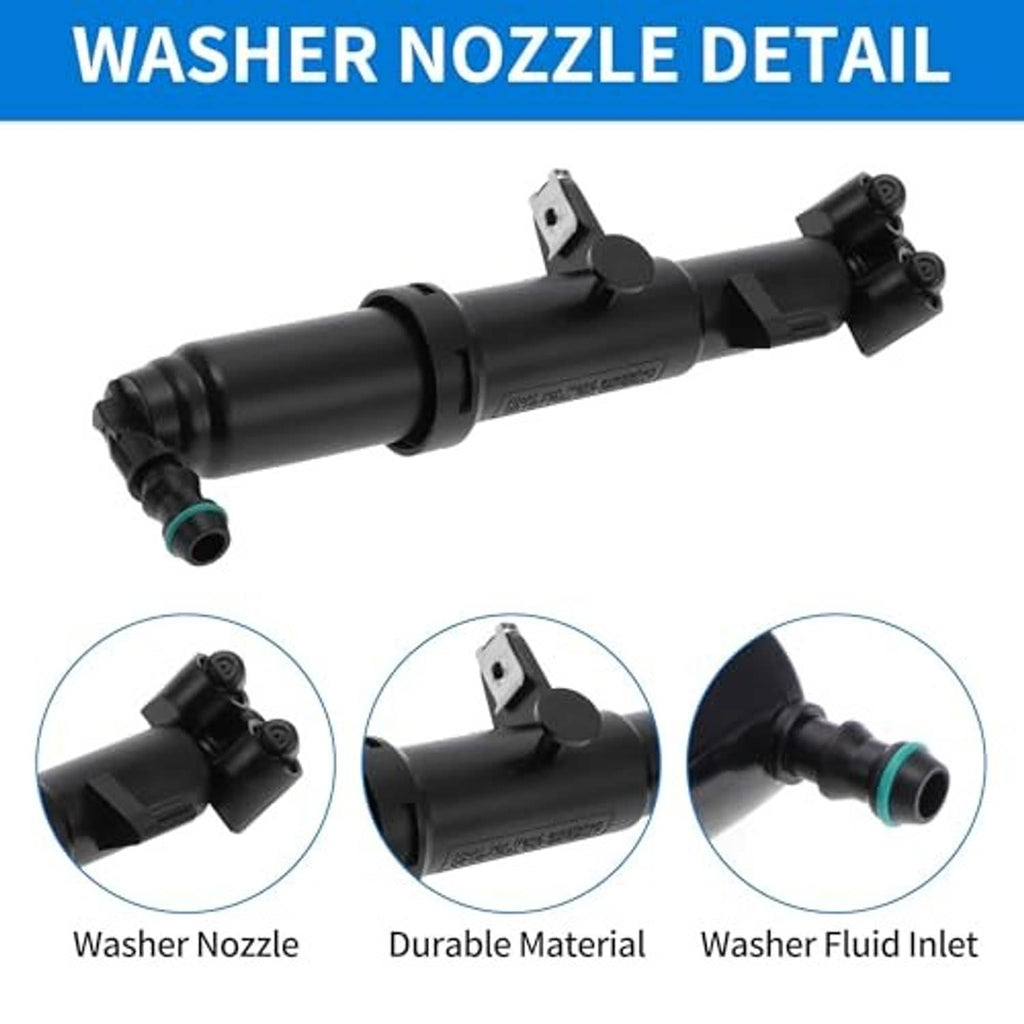 Headlight washer nozzle detail, black housing with mounting bracket and green inlet