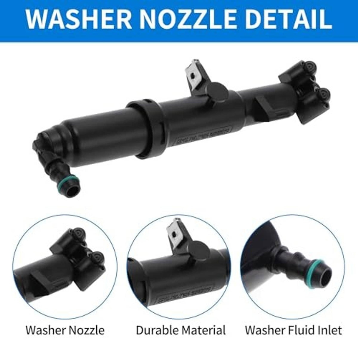 Headlight washer nozzle detail, black housing with mounting bracket and green inlet