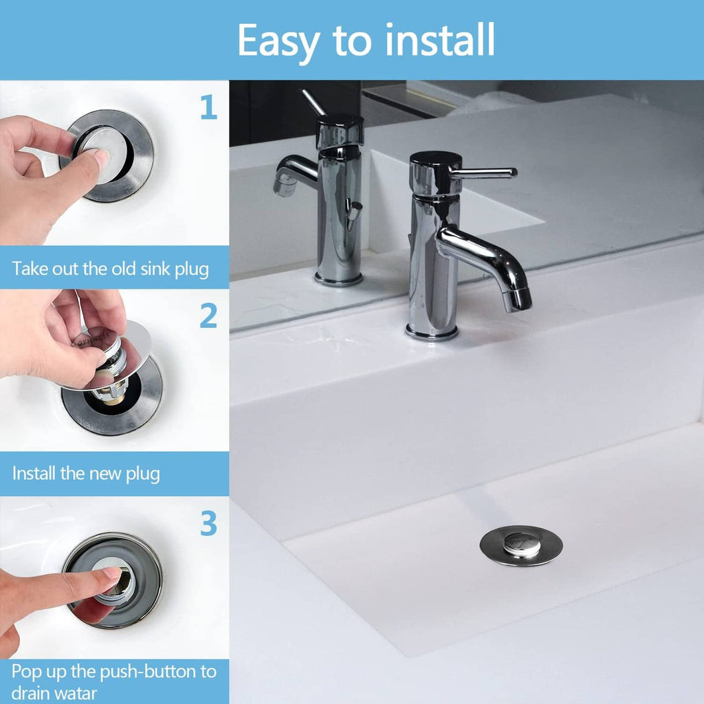 Pop-up sink stopper installation steps with hands near bathroom faucet and drain hole.