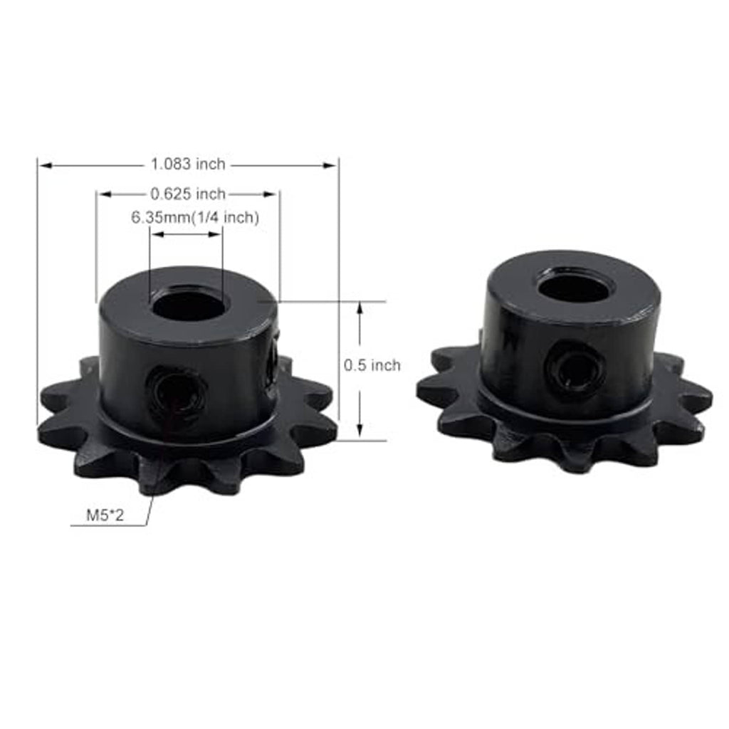 Black roller chain sprockets with central bore, sizing diagram and thickness marks