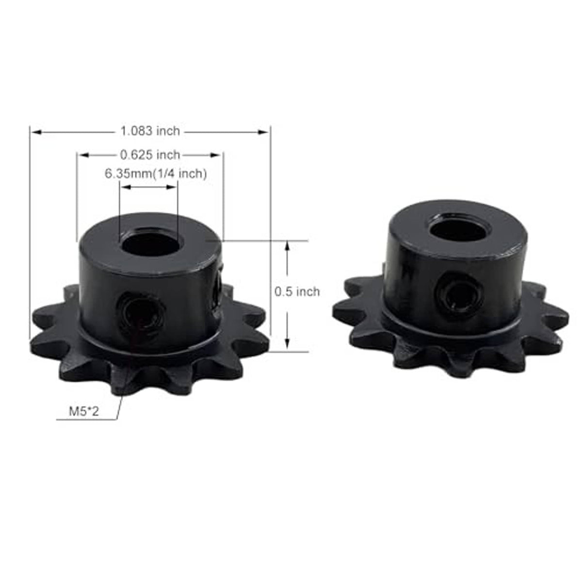 Black roller chain sprockets with central bore, sizing diagram and thickness marks