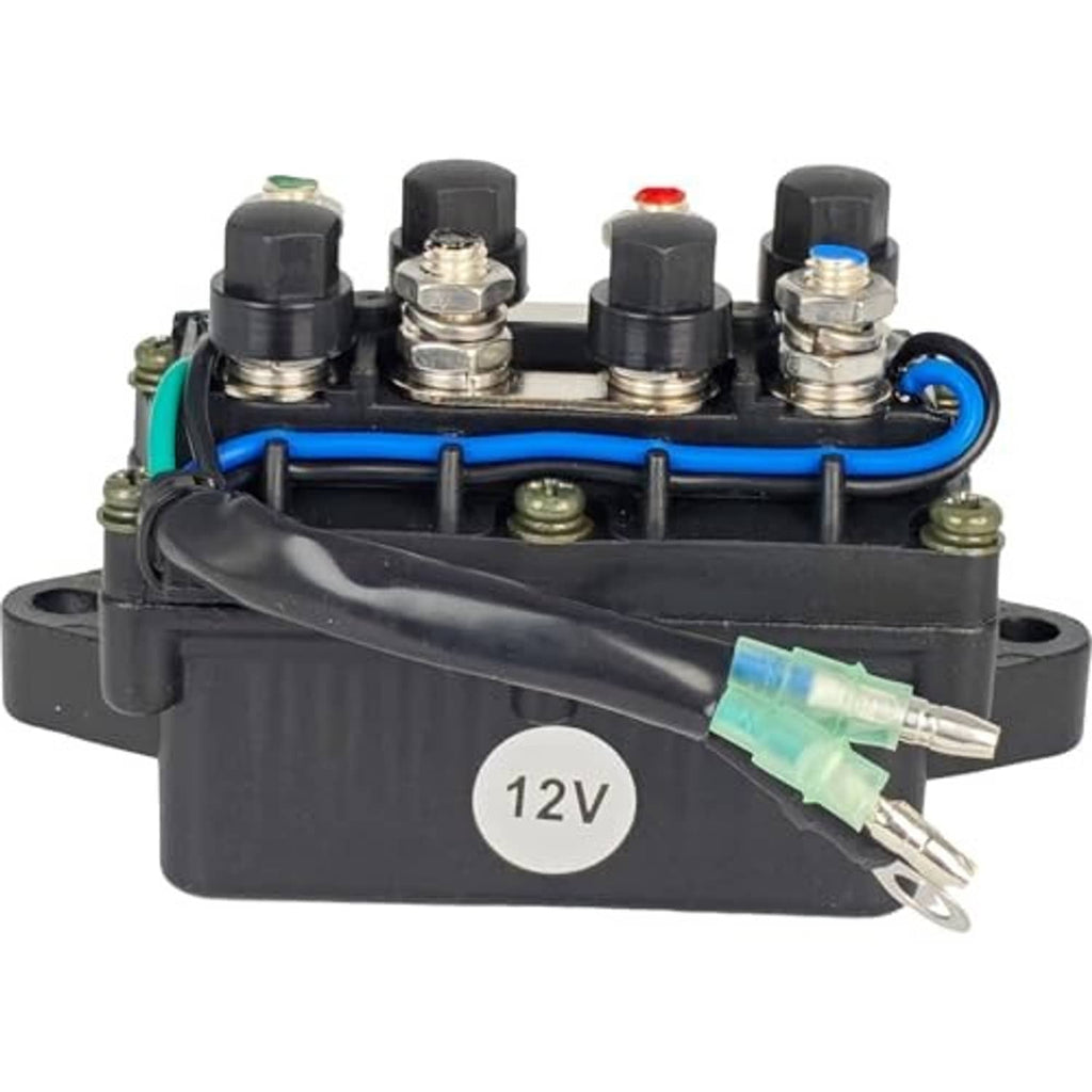 12V power trim and tilt relay with black housing, blue wire, and terminal screws