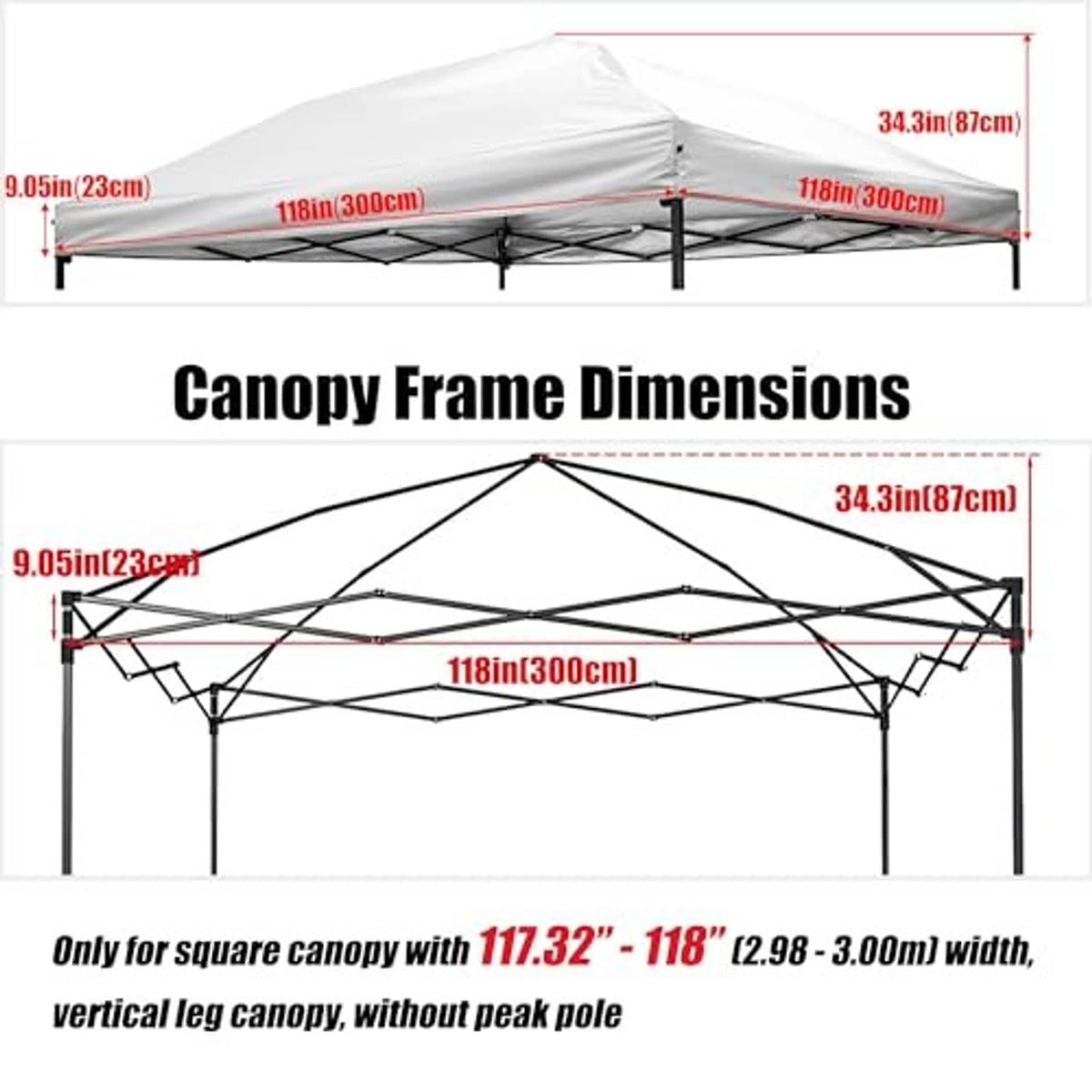Canopy top replacement dimensions diagram with measurement lines and arrows
