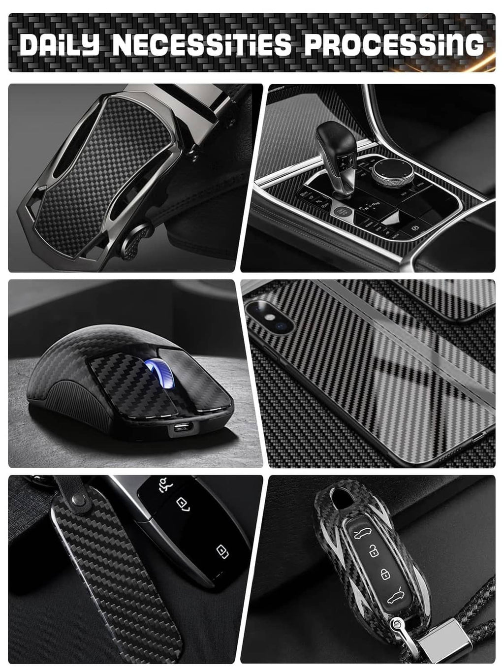 Carbon fiber interior trim panels with dark twill weave finish