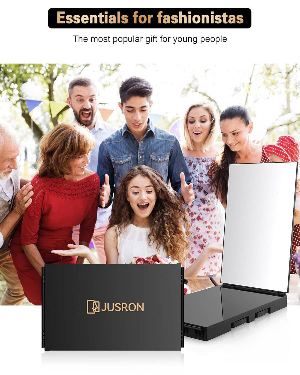 Self hair cutting mirror set with open and folded panels, in a carrying case