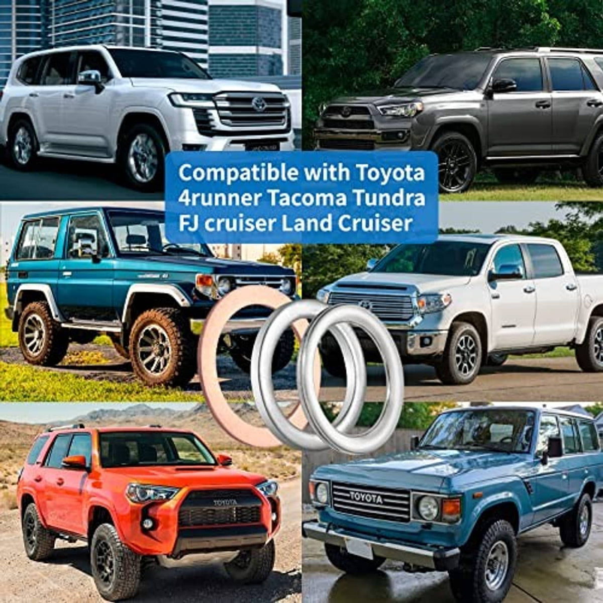 Copper and silver crush washers set shown with compatible pickup and SUV vehicles